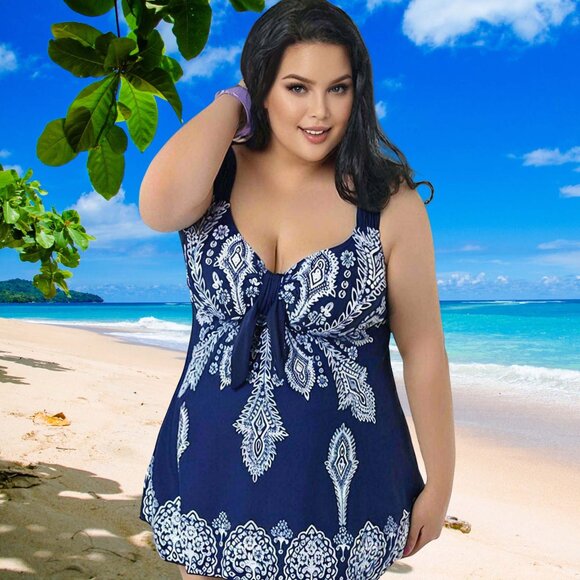 Plus Navy Blue Paisley Print 2Pc Swimdress Set Wide Strap Women Size 24 Swimwear - Picture 3 of 12